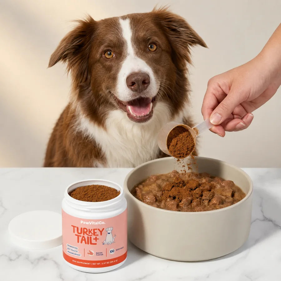 Dog enjoying CalmPaws in food
