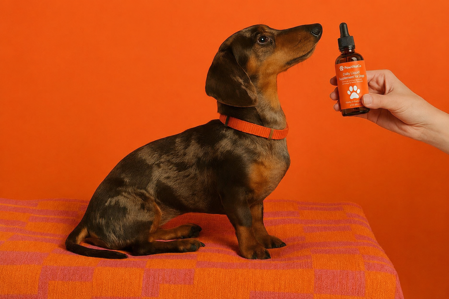 Dachshund with the PawVitalCo bottle