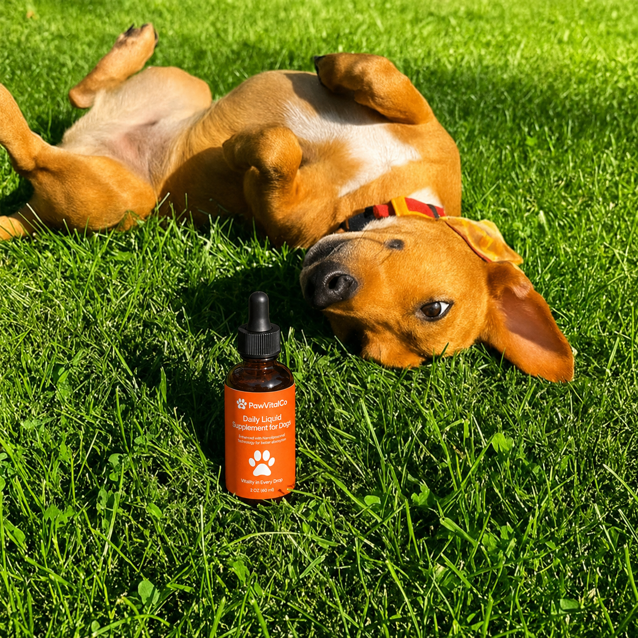 Happy dog rolling in the grass beside the PawVitalCo bottle after three months